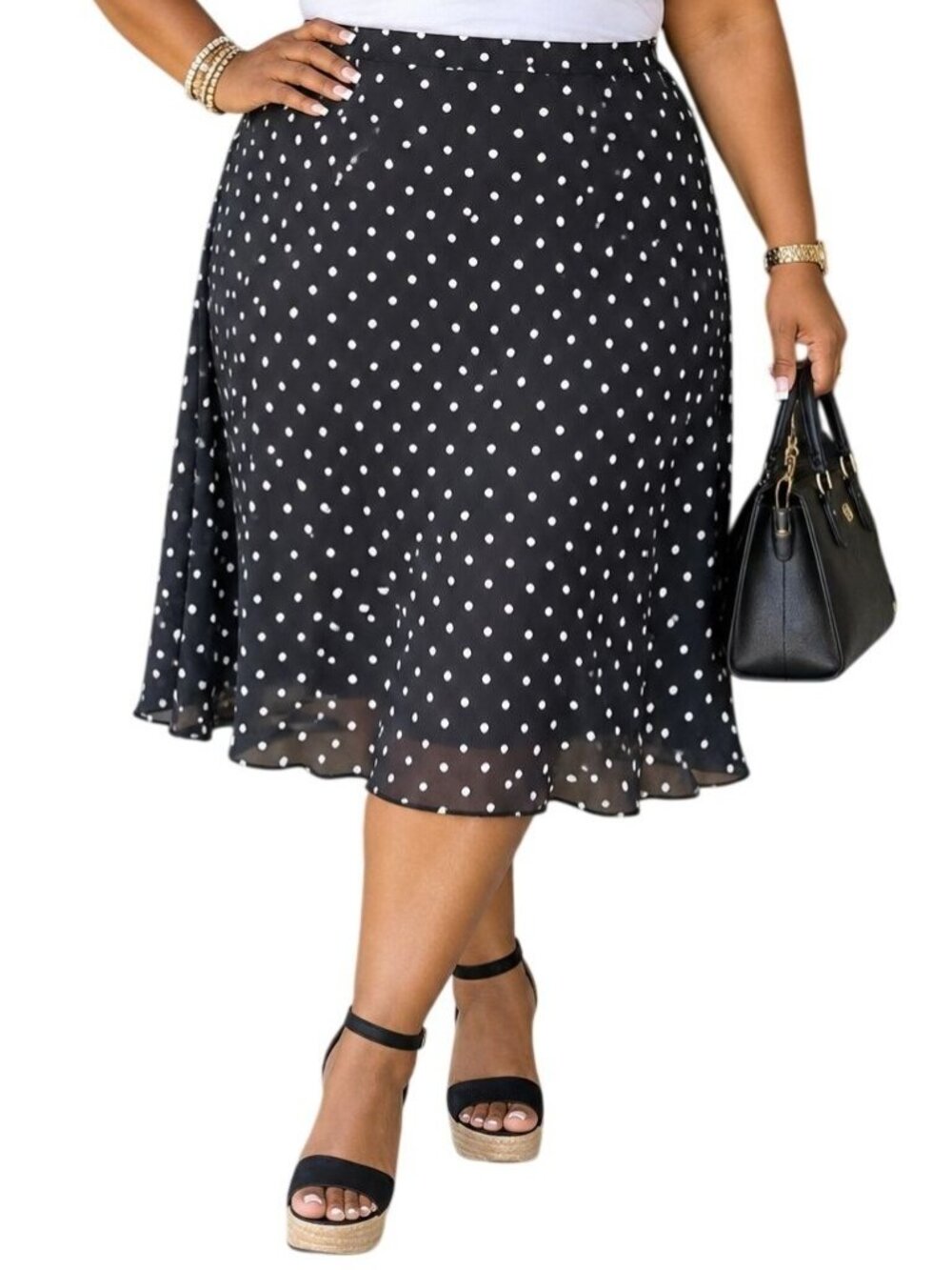 George Plus Size 22/24W Black Tan Polka Dot Skirt Elastic Waist Fully Lined - Picture 1 of 6